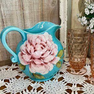 Teal French Country Pitcher/Vase with Pink Peony Flowers